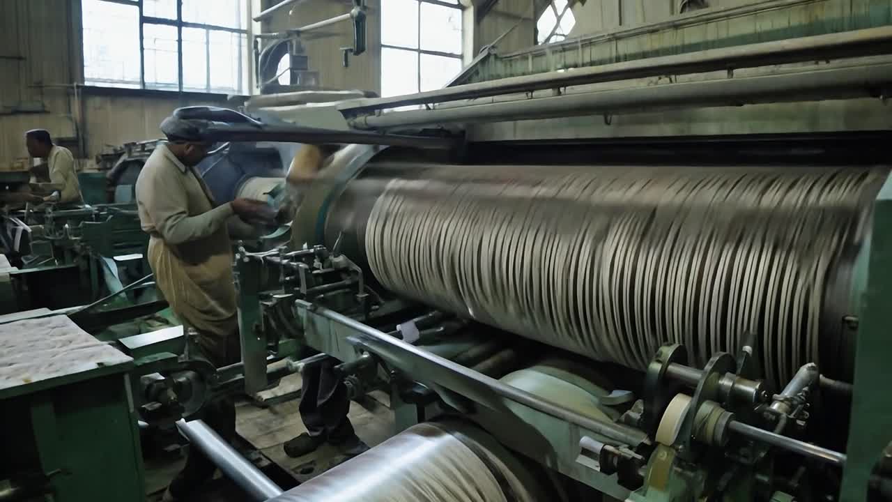 dois homens a trabalhar numa fábrica têxtil.
