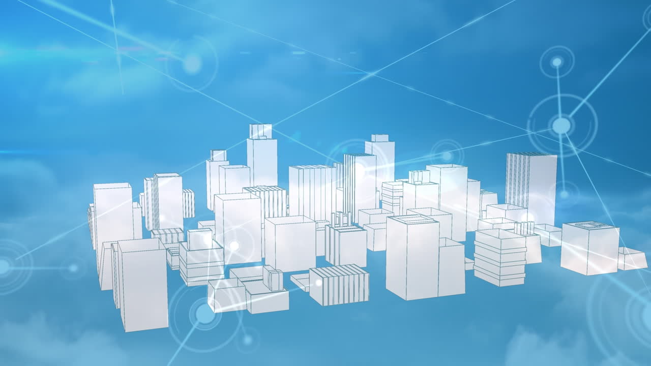 파란색 배경에 디지털 도시에 대한 연결 네트워크의 애니메이션