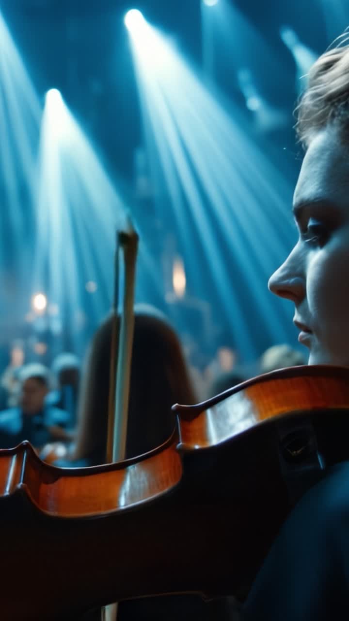 Eine fesselnde Darbietung: Eine Nahaufnahme eines Geigers, der unter Bühnenlichtern in der Musik versunken ist, inmitten einer bezaubernden Orchesteratmosphäre