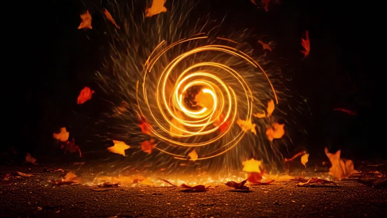 A Captivating Dance of Spiraling Flames and Autumn Leaves Creates a Mesmerizing Visual Spectacle in a Darkened Scene, Symbolizing the Transition of Seasons
