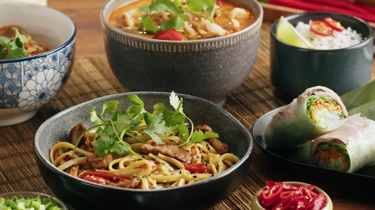 Bowls of Asian cuisine, including noodles, soup and spring rolls
