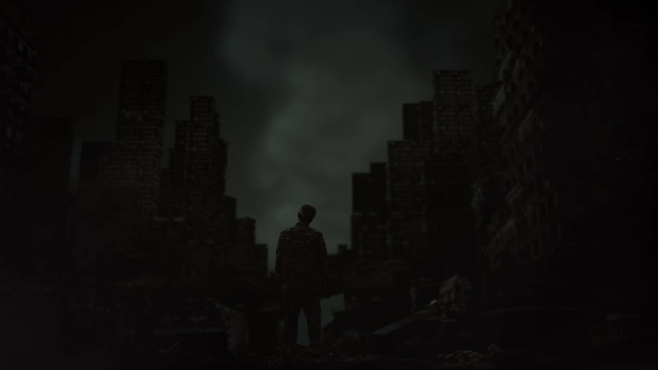 전쟁 후 폐허가 된 도시 한가운데에 서서 머리를 흔들고 있는 아시아 남성 군인의 전신 뒷면