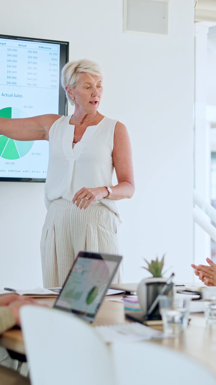 Mature Businesswoman Presenting Sales Data to Team in Office