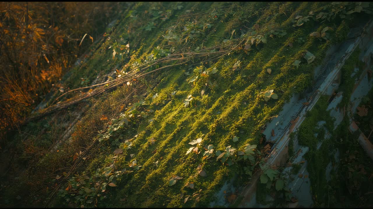 Shining golden-hour sunlight shifting over moss on corrugated outbuilding roof, highlighting vines