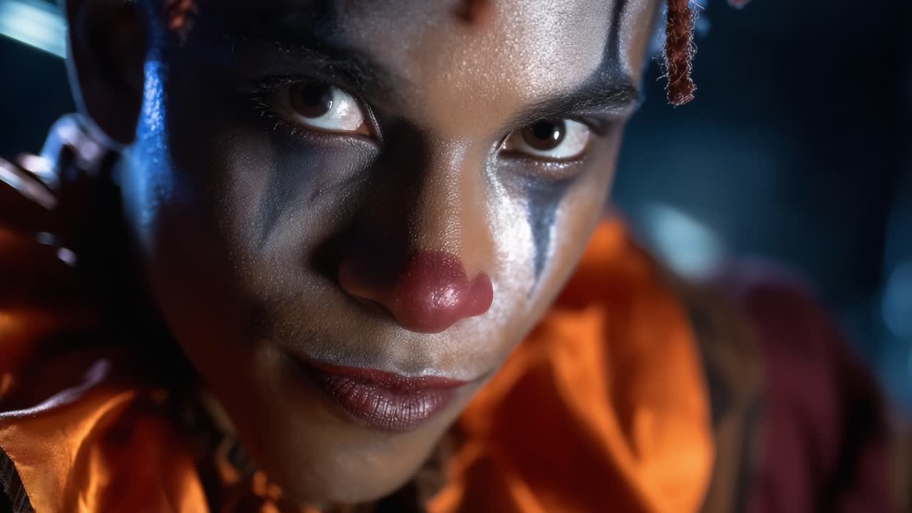 Gros plan sur un clown présentant un maquillage spectaculaire et des yeux expressifs, captivant les spectateurs avec un regard attachant et un costume coloré dans une atmosphère faiblement éclairée