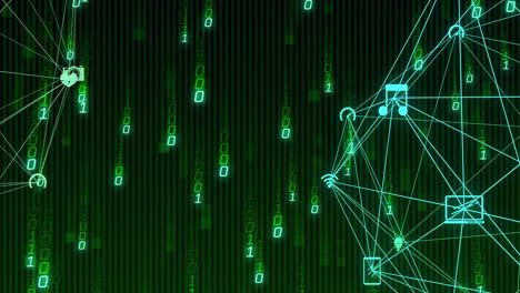 animation of network of connections with icons over data processing