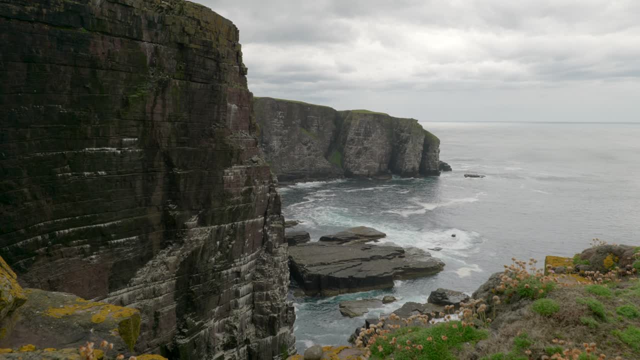 Waves gently crash over rocks and against a tall and imposing sea cliff in the ocean while seabirds fly around the cliffs of a seabird colony of guillemots and puffins on Handa Island, Scotland