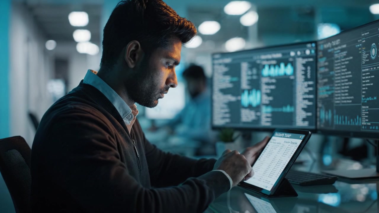 Fokuseret professionel analyserer data på tablet omgivet af flere skærme i et moderne kontormiljø med blåt omgivende lys