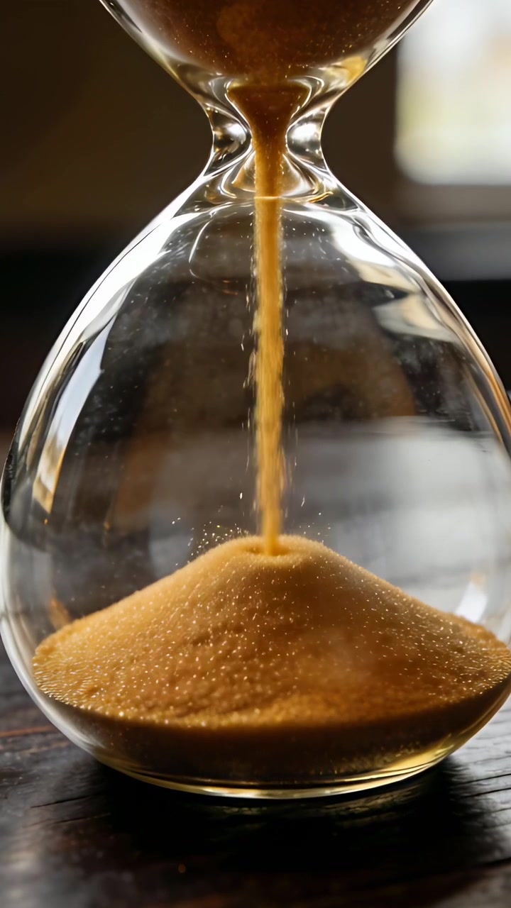 Vertical video: Flowing glass hourglass passing golden sand through neck, measuring time on table