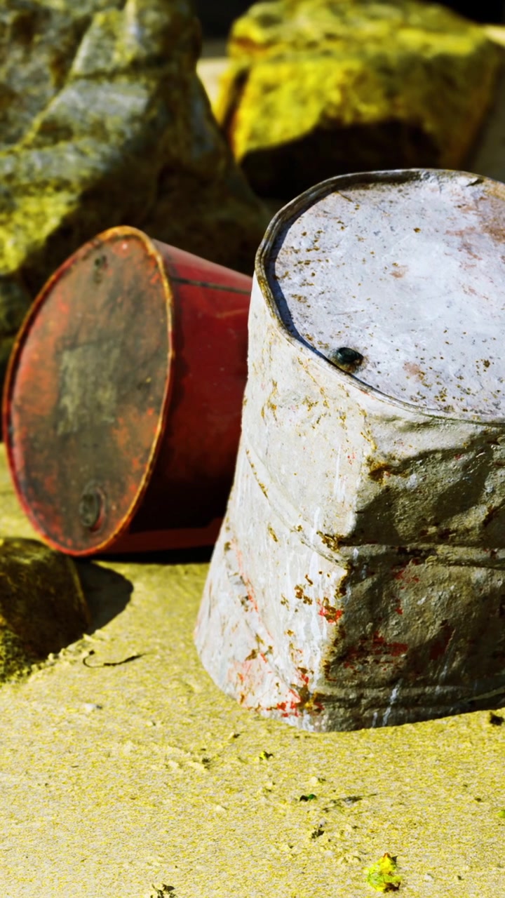 Gamle metalfade på sandstrand omgivet af klipper og naturligt vraggods.