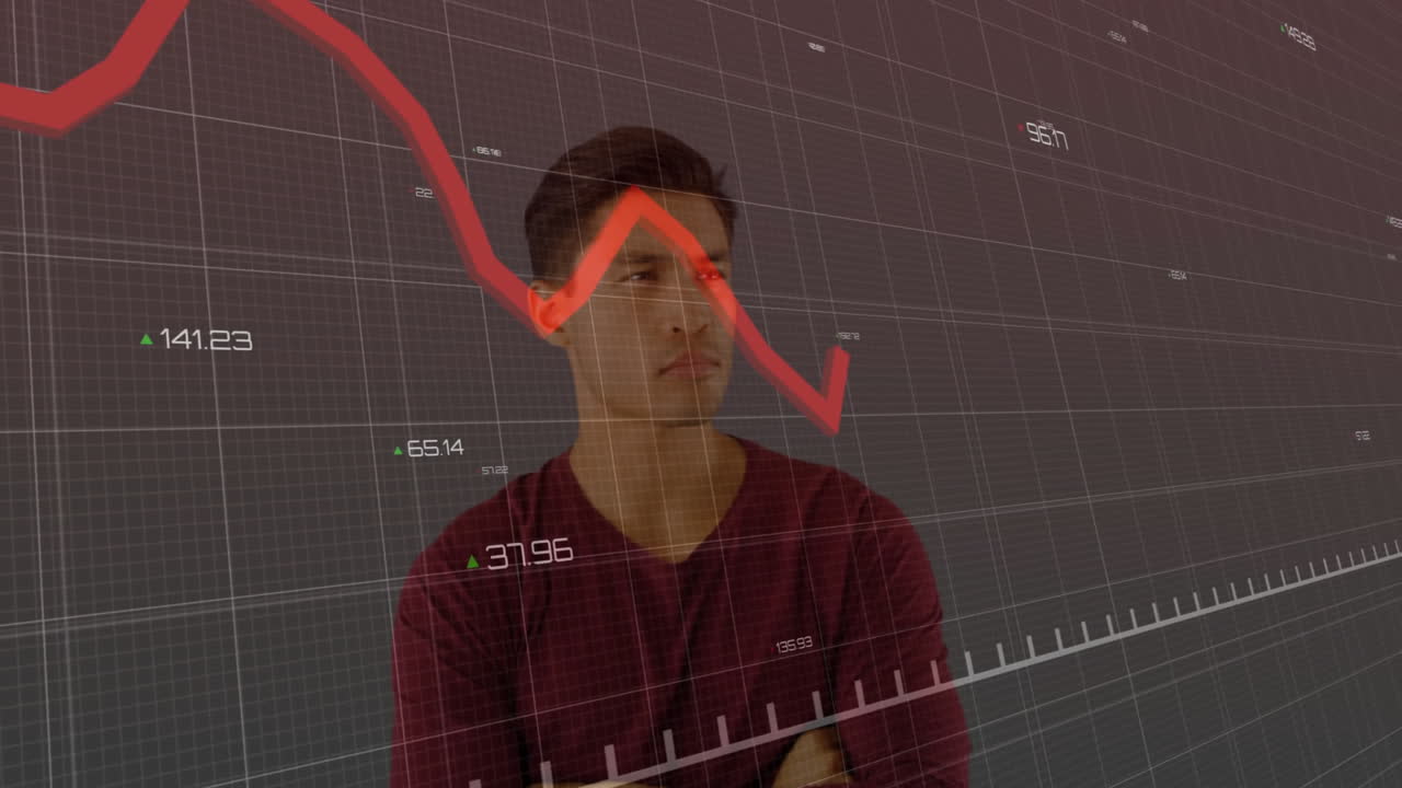 Man crossing arms in finance scene, displaying grid overlay with red downward line and green arrows