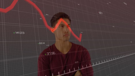 man crossing arms in finance scene, displaying grid overlay with red downward line and green arrows