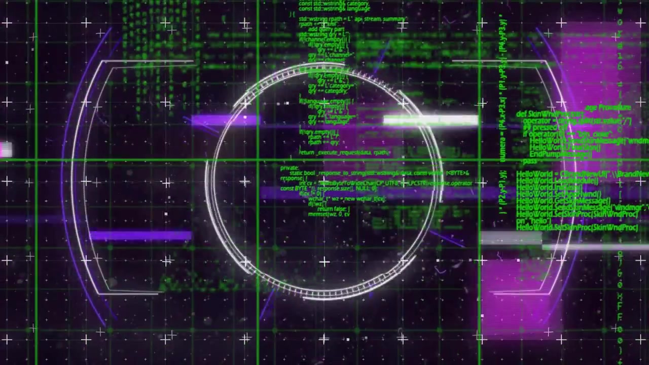 Opening dark grid HUD reticle showing rings flowing code sweeping scan glitching for startup demo