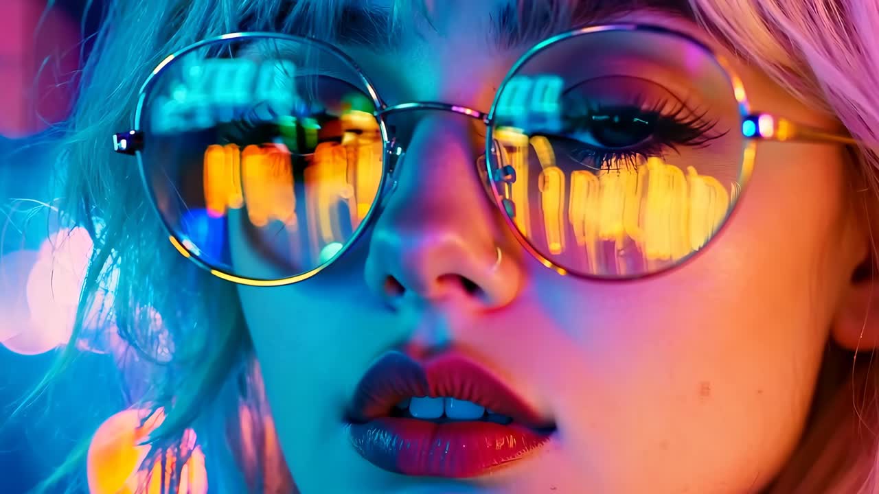 una mujer con cabello rosa usando un par de gafas de sol redondas