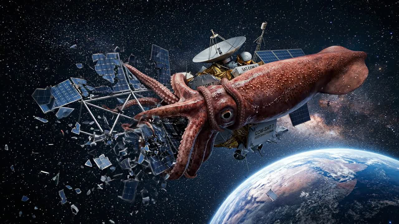 Calamaro gigante distrugge un satellite in orbita terrestre