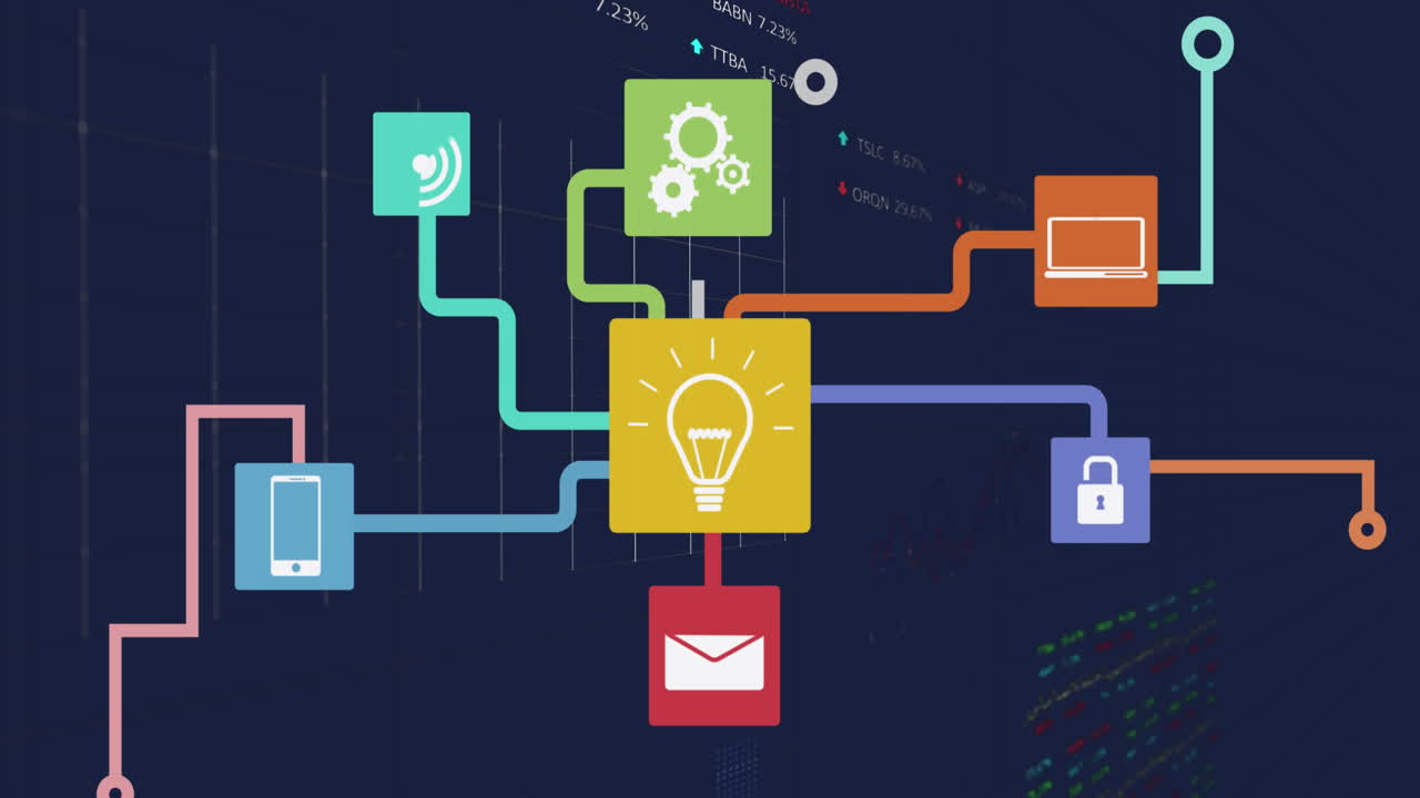 Animation of network of digital icons over statistical and stock market data processing