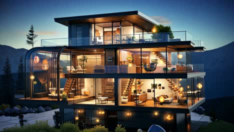 three-story house at night with large windows showcasing design