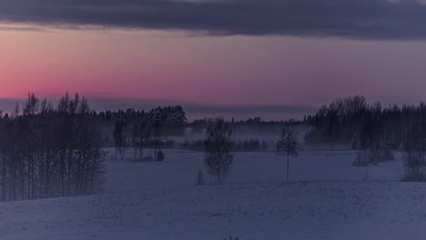 timelapse of grassland with trees covered in snow on sunset