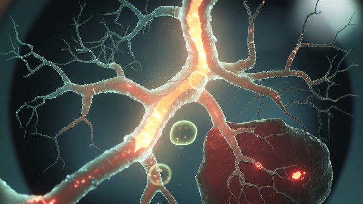 Brightening central trunk driving translucent vesicles toward red tissue node through eyepiece rim