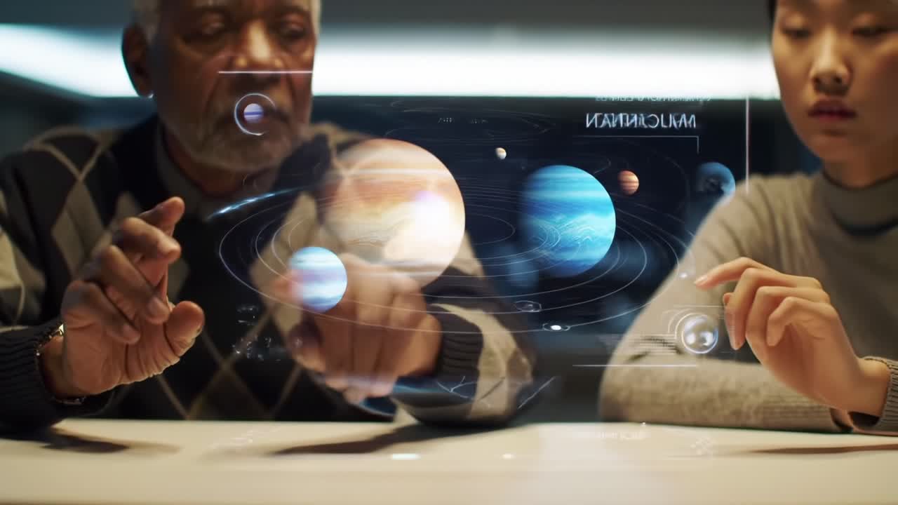 An Engaging Exploration of Celestial Bodies: A Wise Mentor and a Curious Learner Interacting with a Futuristic Holographic Display of the Solar System