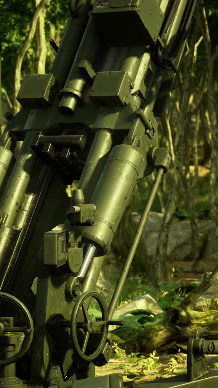 Vegetation and sunlight obscure historic military artillery piece