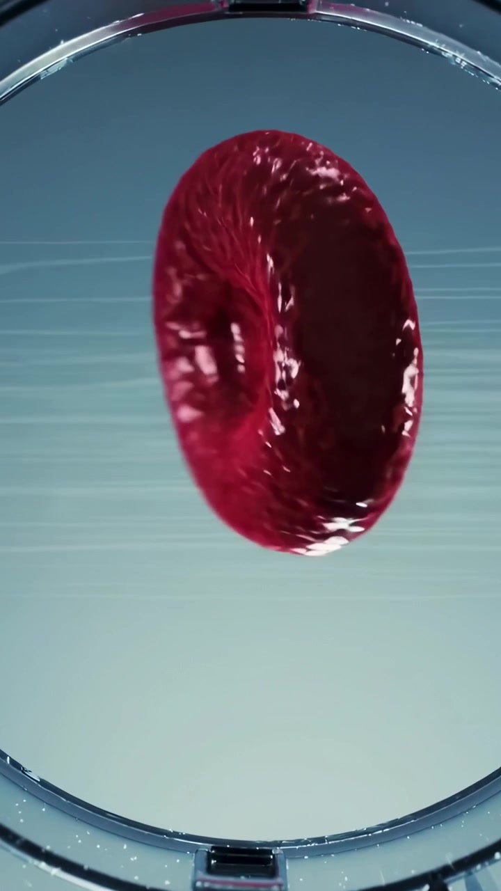 Video verticale: Disco rosso lucido che gira e si inclina all'interno di un bordo trasparente, tramite un'attrezzatura da studio, mostrando riflessi.