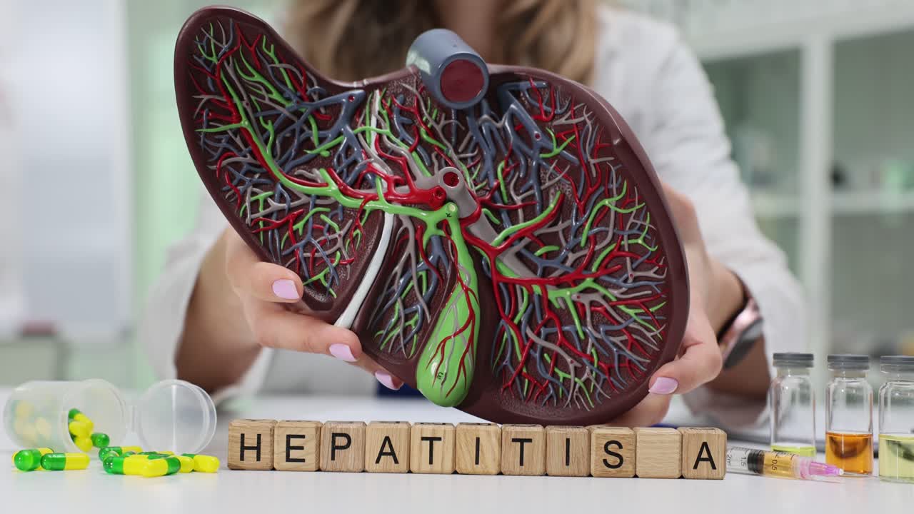 Medizinisches Fachpersonal mit Lebermodell und 'Hepatitis A'-Blöcken