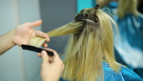 stylist dying hair. professional hairdresser dyeing hair of her client at beaty salon