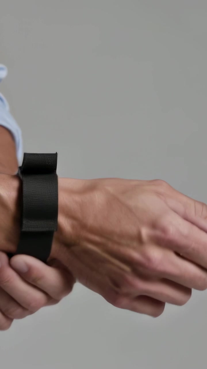 Video verticale: Sistemando una fascia sul braccio, manica arrotolata in studio mentre il polso si avvicina al cinturino per raggiungere la custodia.