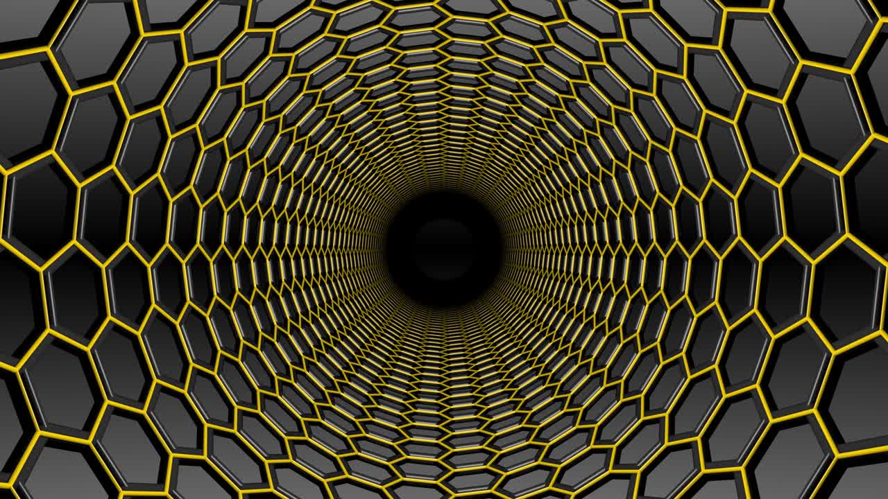 Black & yellow hexagons mesh endless tunnel zoom in.