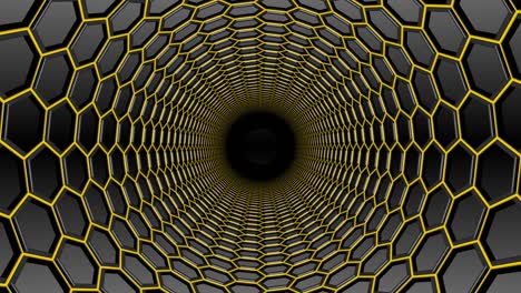 los hexágonos negros y amarillos enmesclan el túnel sin fin.