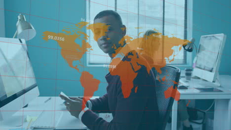 animation of world map and data processing over african american businessman in office