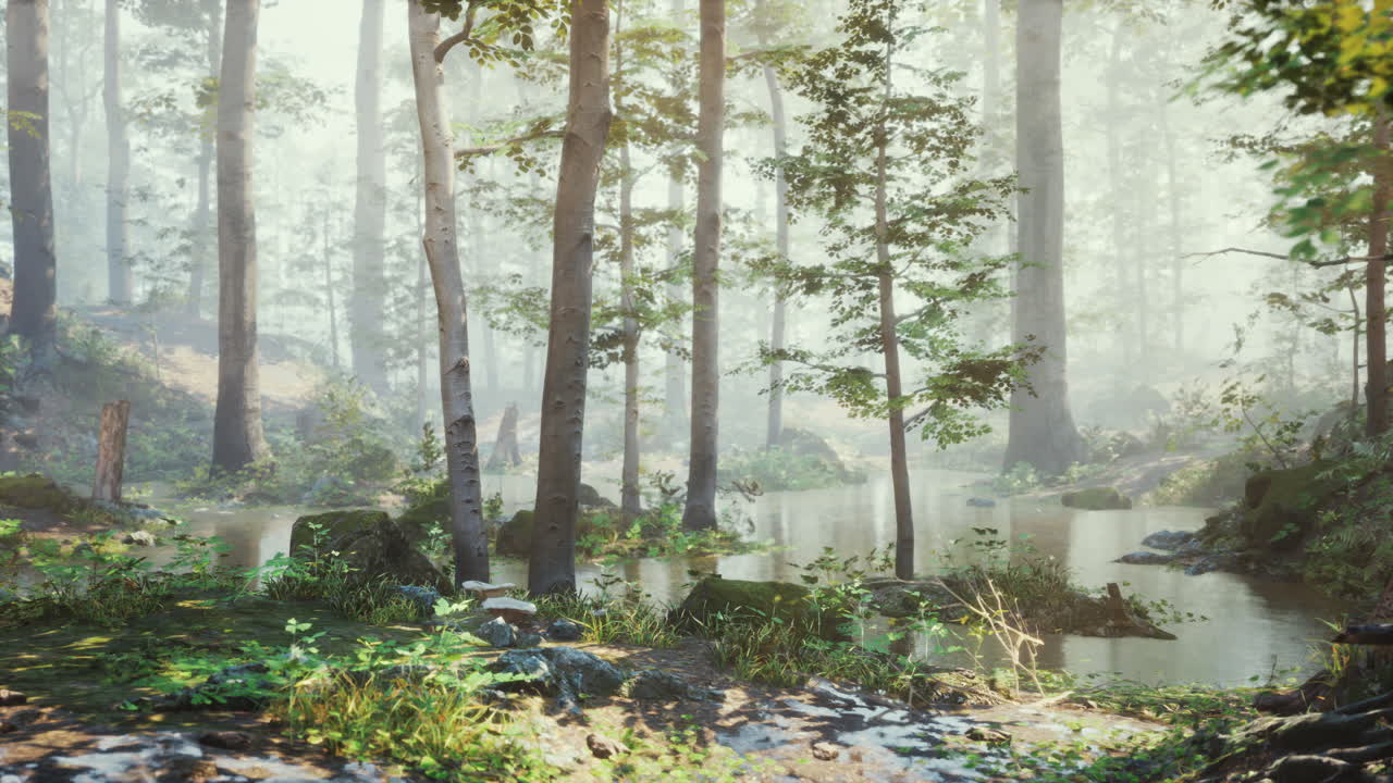 아침 일찍 숲에서 안개에 숨어