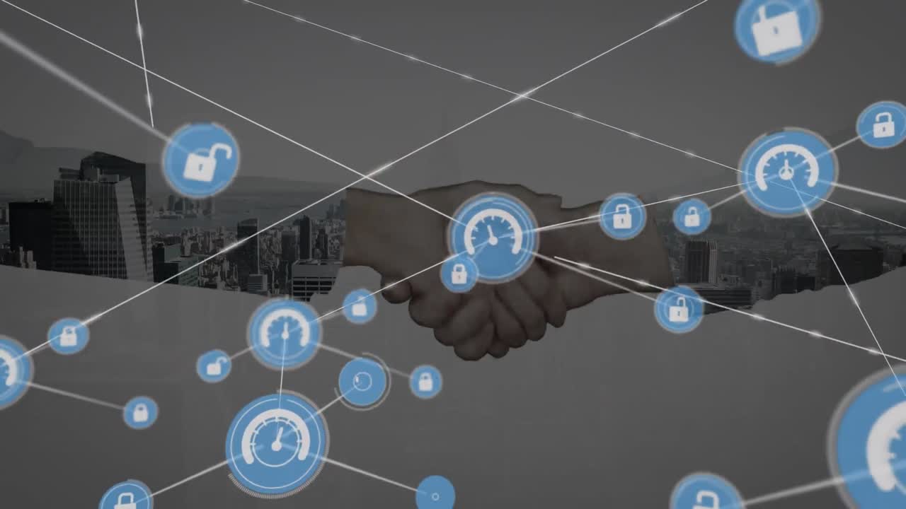 animación de la red de conexiones con iconos sobre el apretón de manos