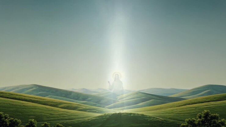 A serene landscape with rolling hills and a divine figure bathed in light