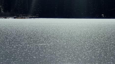 tilt up slow motion handheld shot of the frozen silver lake revealing a wooden boardwalk and pine trees in the famous ski town of brighton, utah on a sunny warm winter day