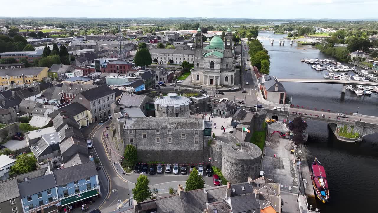 Athlone Castle, dymanic aerial of historic fortress in small Irish town. Tourist attraction