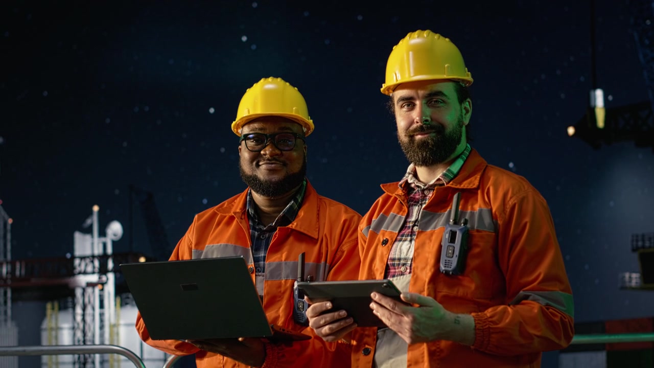 Cheerful offshore rig crew members monitoring ship resources during oil crisis