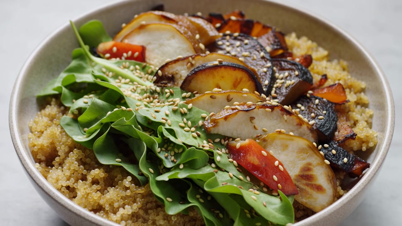 Bolle med ovnsbakte grønnsaker og quinoa med ruccola, ristede sesamfrø og karamellisert aubergine, gylden quinoabunn