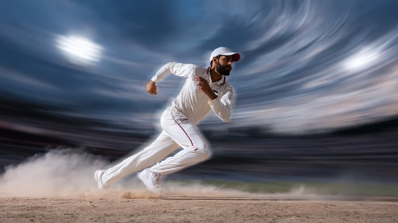 Giocatore di cricket dinamico che scatta con passione verso il wicket in un momento intenso, mettendo in mostra atletismo e dedizione durante un'entusiasmante atmosfera di partita
