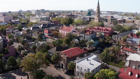 wide panning aerial shot of the historic old slave mart building in charleston, south carolina