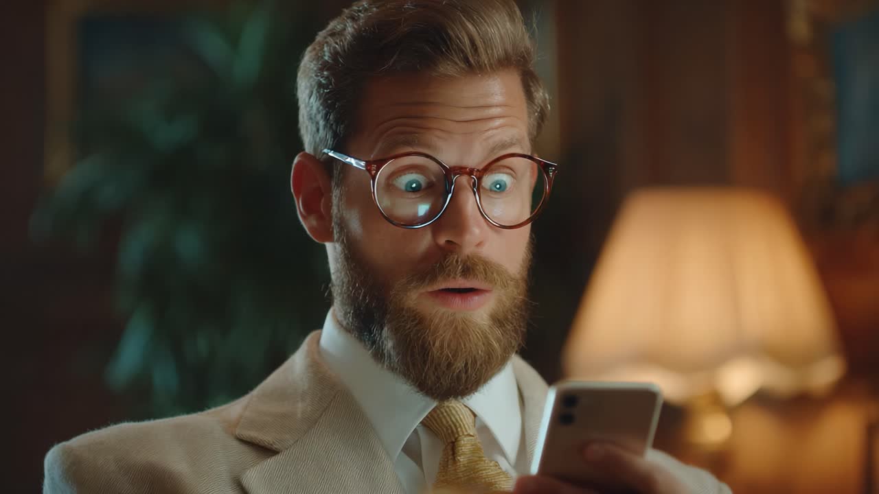 Astonished Expression: A Man Reacts to a Surprising Message on His Smartphone in a Cozy, Elegant Setting