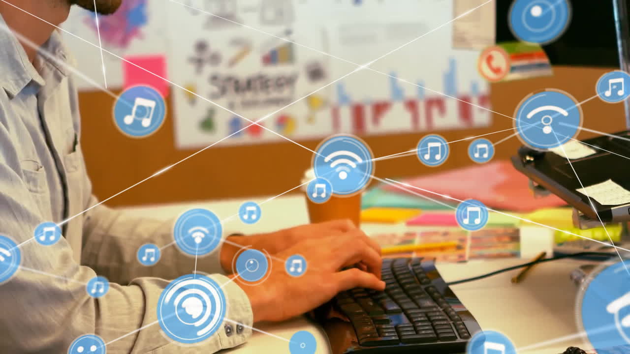 animación de la red de conexiones con iconos sobre empresario caucásico en el cargo