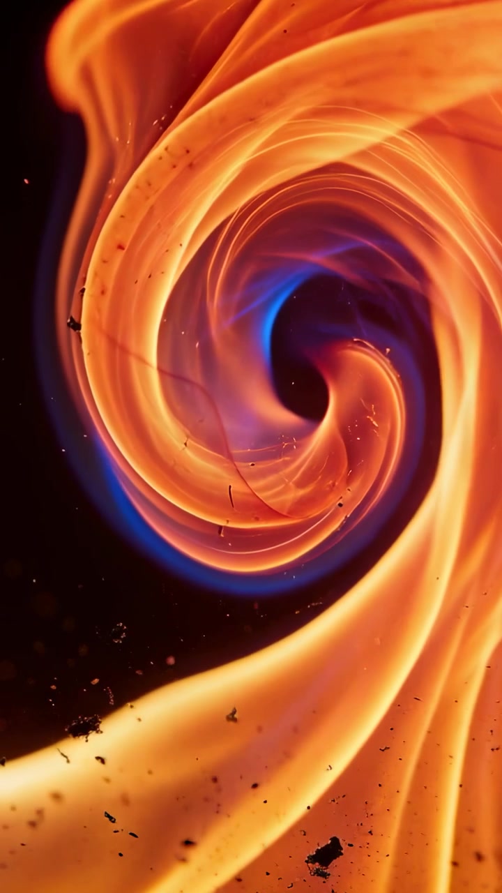 Video verticale: Fiamma che si accende e si avvolge a spirale verso l'interno in un primo piano scuro, mostrando un bordo blu e braci.