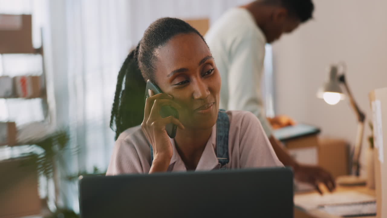 Woman, phone call and logistics