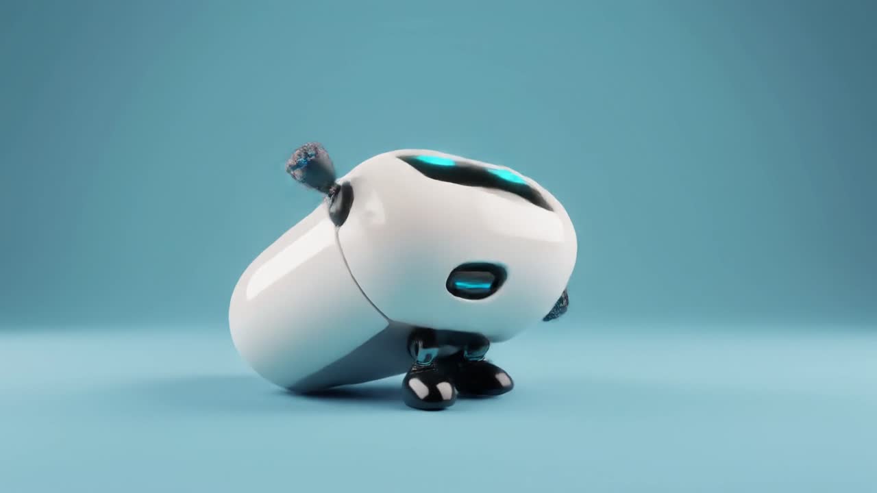 Cute 3D Animated Robot Dancing Playfully on Blue Background