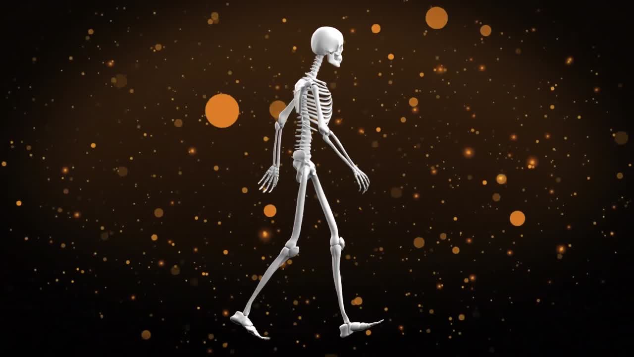 animación de un modelo de esqueleto humano caminando y manchas amarillas contra un fondo de textura marrón