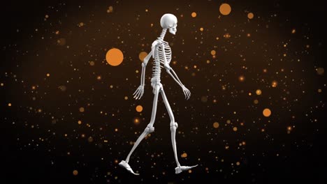 animation of human skeleton model walking and and yellow spots against brown textured background