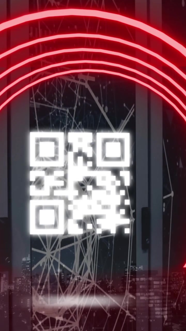 Animation of red semi circles with qr code, network connection against cityscape