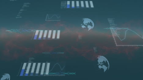 animation of round scanners and data processing over red digital wave against blue background